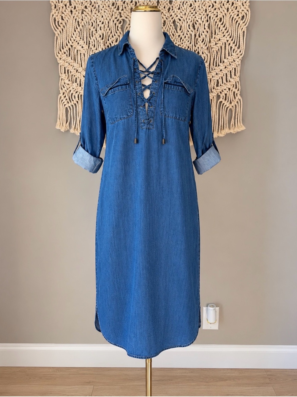 Boston Proper Blue Lace-Up Chambray Midi Dress